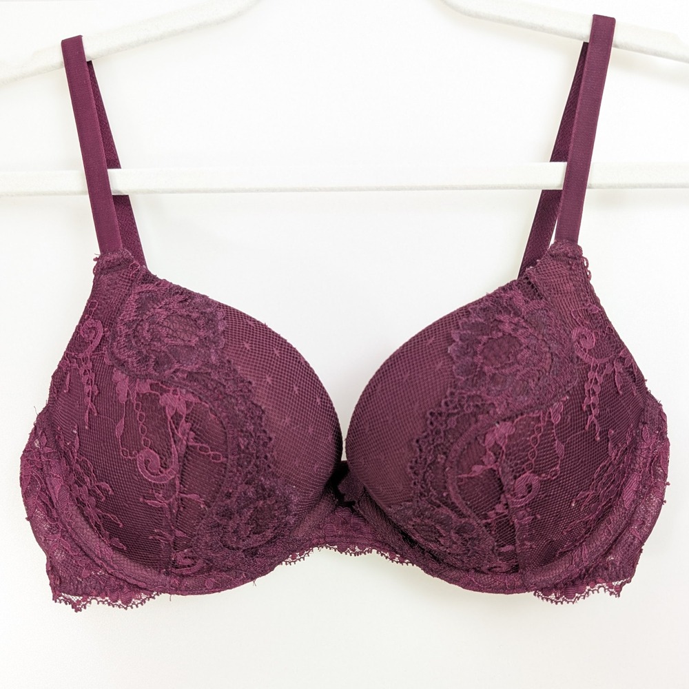 Victorias Secret Dream Angels Push Up Bra Floral Lace 32D Plum Purple Underwire